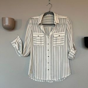 Express Ivory and Black Stripe Safari Shirt Slim Fit (S)